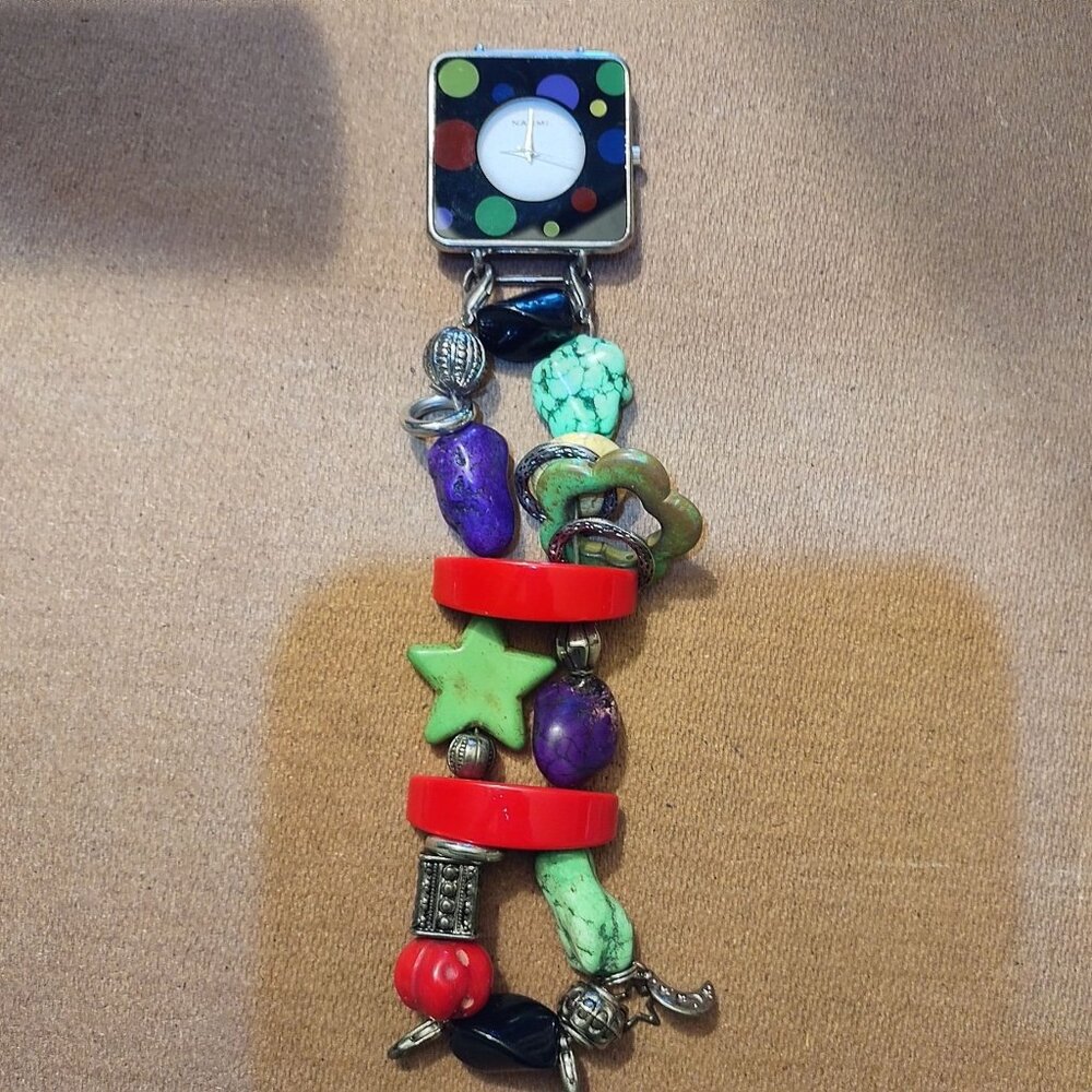 Handmade Narmi Square Polka Dot Watch With Colorful Beaded Stretch Bracelet - Picture 2 of 8